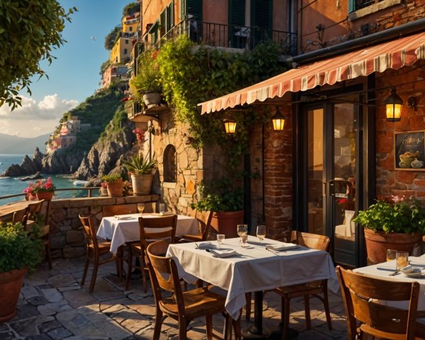 Seaside Restaurant with Outdoor Dining and Vibrant Decor
