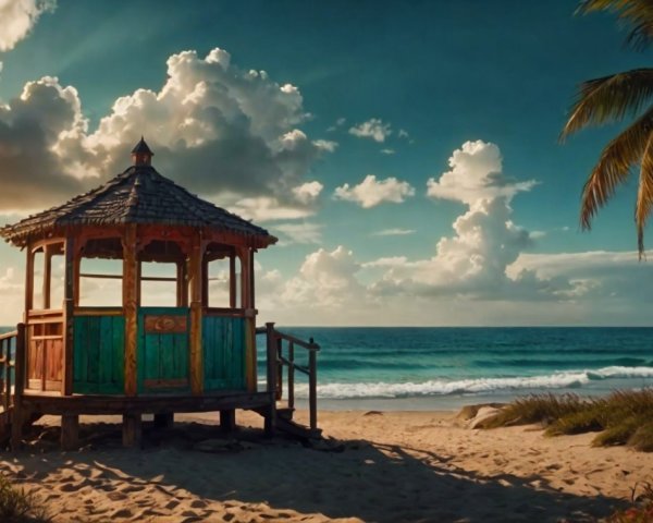 Beach Gazebo on Sandy Shore Under Vibrant Sky