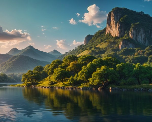 Serene River Landscape with Majestic Mountains and Greenery