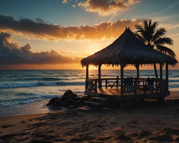 Serene Beach Scene at Sunset with Gazebo and Waves
