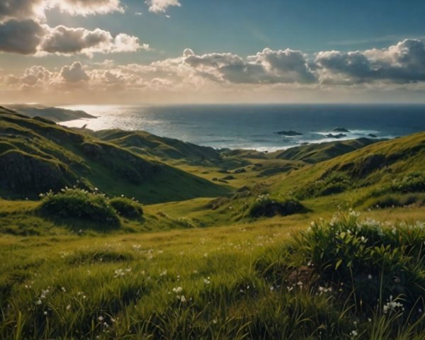 Lush Green Hills and Turquoise Ocean Landscape
