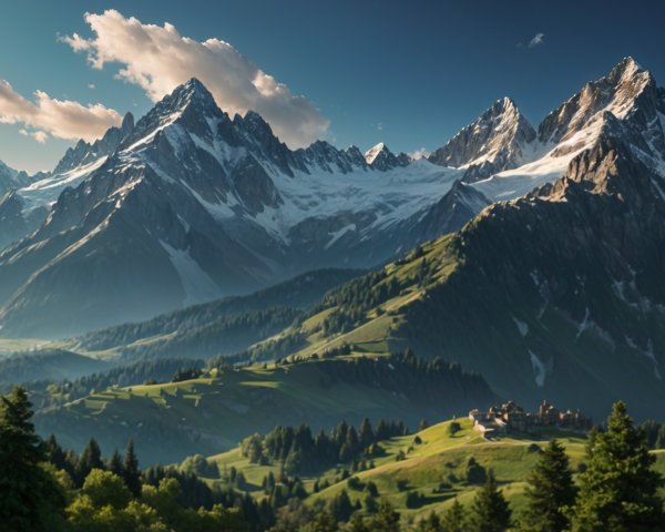 Snow-Capped Mountains and Lush Valley Landscape