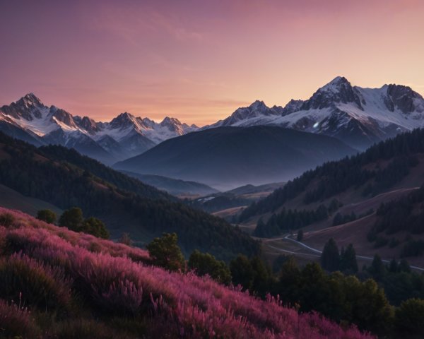 Dusk Landscape with Snow-Capped Mountains and Flowers