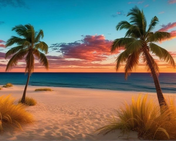Serene Beach Sunset with Palm Trees and Ocean View