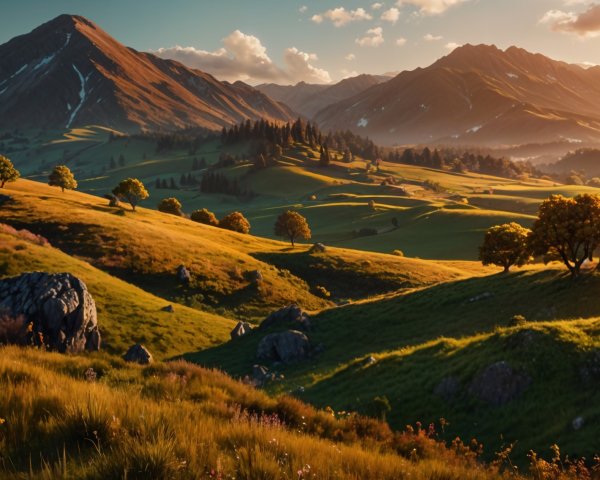 Tranquil Landscape of Green Hills and Majestic Mountains