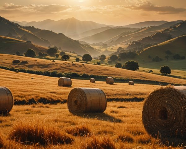 Serene Sunset Landscape with Golden Hay Bales