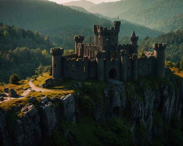 Stone Castle on a Cliff Surrounded by Forests and Mountains