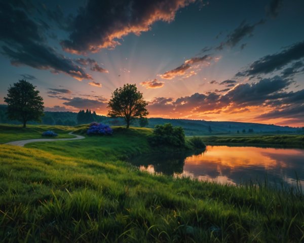 Tranquil Dusk Landscape with Reflective River and Trees