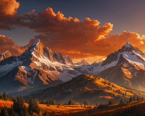 Golden Sunset Over Snow-Capped Mountain Range