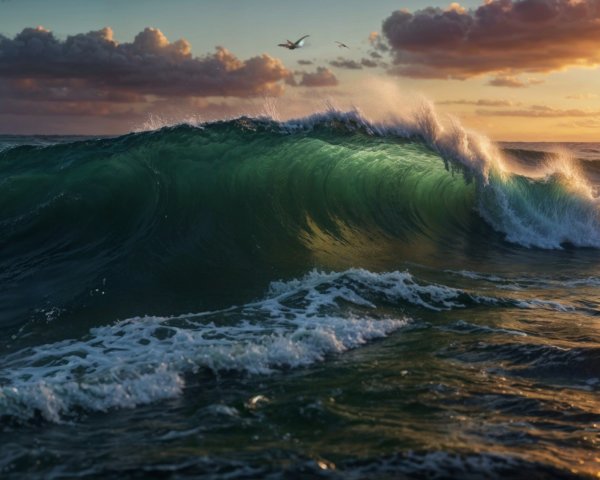 Dramatic Ocean Wave at Sunset with Vibrant Colors