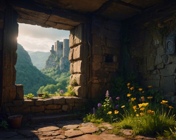 Ancient Stone Ruin Overlooking Lush Green Hills