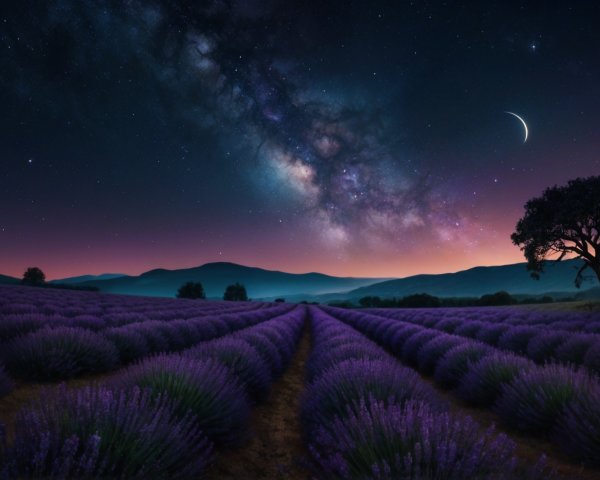 Lavender Field Under Starry Night Sky with Mountains