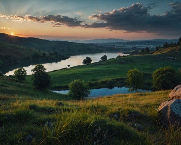 Serene Sunset Landscape with River and Lush Hills