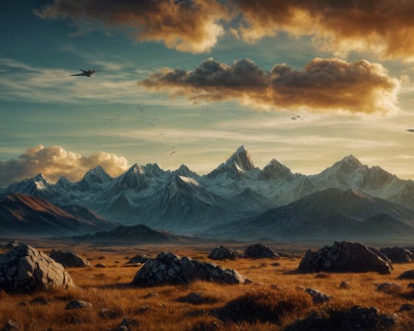 Snow-Capped Mountains and Vibrant Sky Landscape