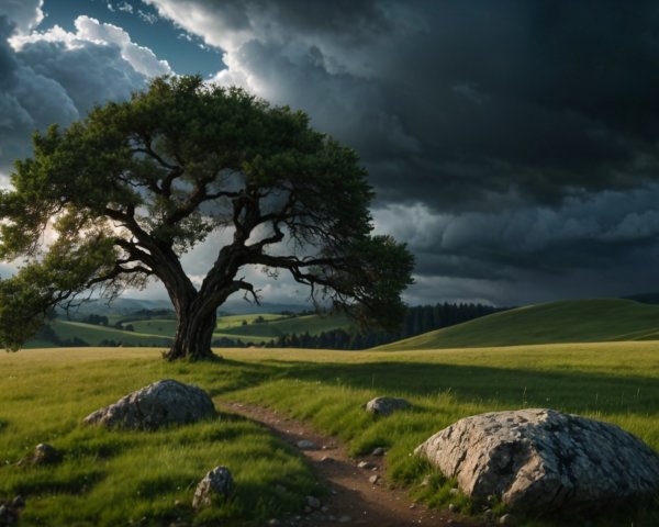 Solitary Tree in Vibrant Meadow Under Dramatic Sky