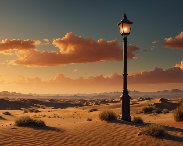 Vintage Lamppost in Desert at Sunset with Mountains