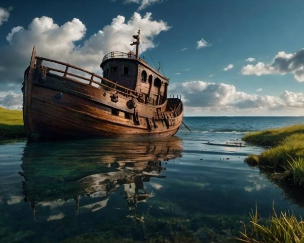 Weathered Wooden Boat on Calm Waters with Green Shore