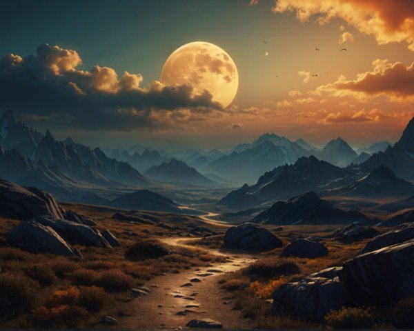 Majestic Mountains and Full Moon at Dusk Landscape
