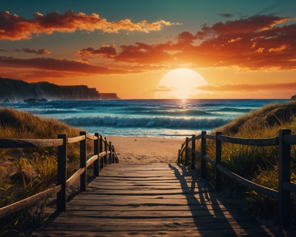 Serene beach scene with sunset and wooden walkway