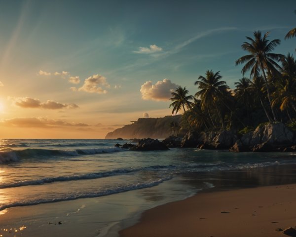 Serene Beach Sunset with Palm Trees and Ocean Waves