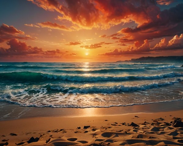 Serene beach sunset with vibrant clouds and gentle waves