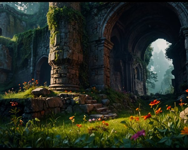 Ancient Stone Ruins in a Lush Overgrown Landscape