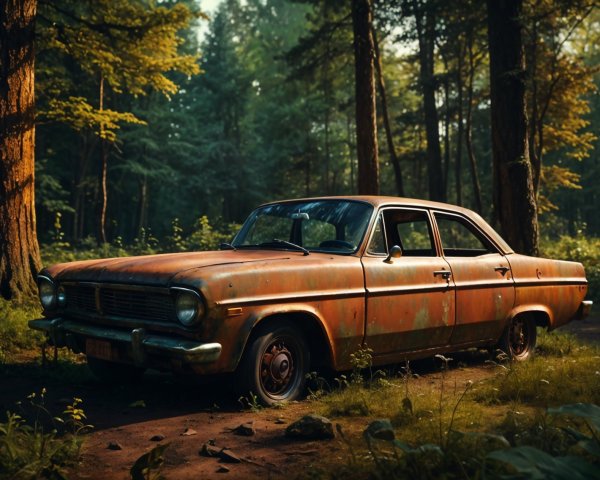 Old Rusted Car in Lush Forest Setting
