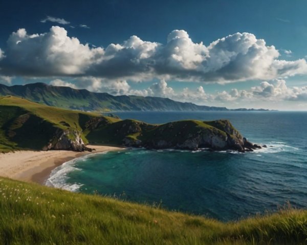 Coastal Scene with Green Hills and Turquoise Water
