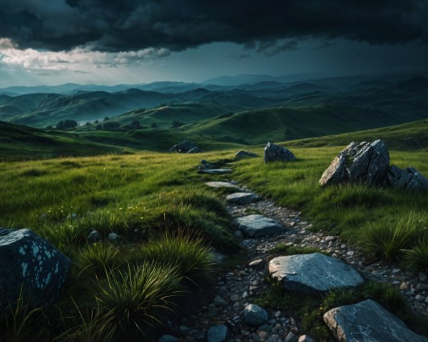 Winding Stone Path Through Lush Green Landscape