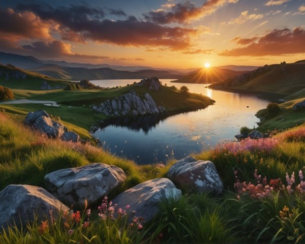 Serene Sunset Landscape with Lake and Wildflowers