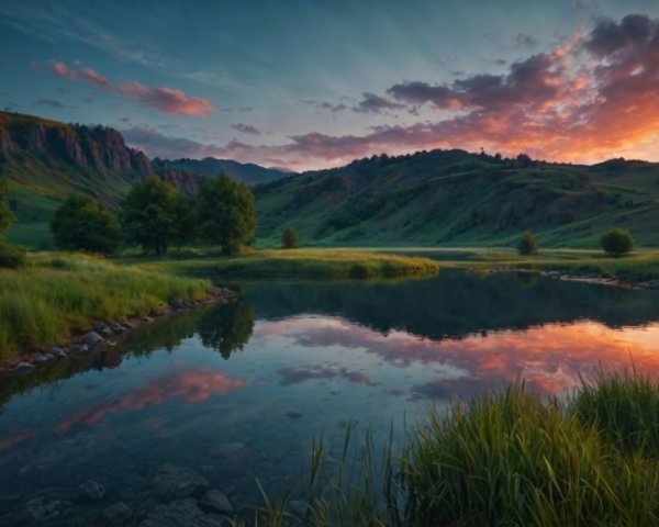 Serene Sunset Landscape with Calm Lake and Hills