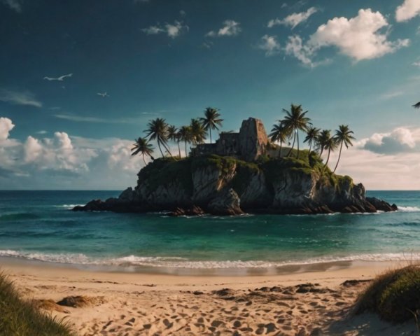 Secluded Island with Lush Palm Trees and Sandy Beach