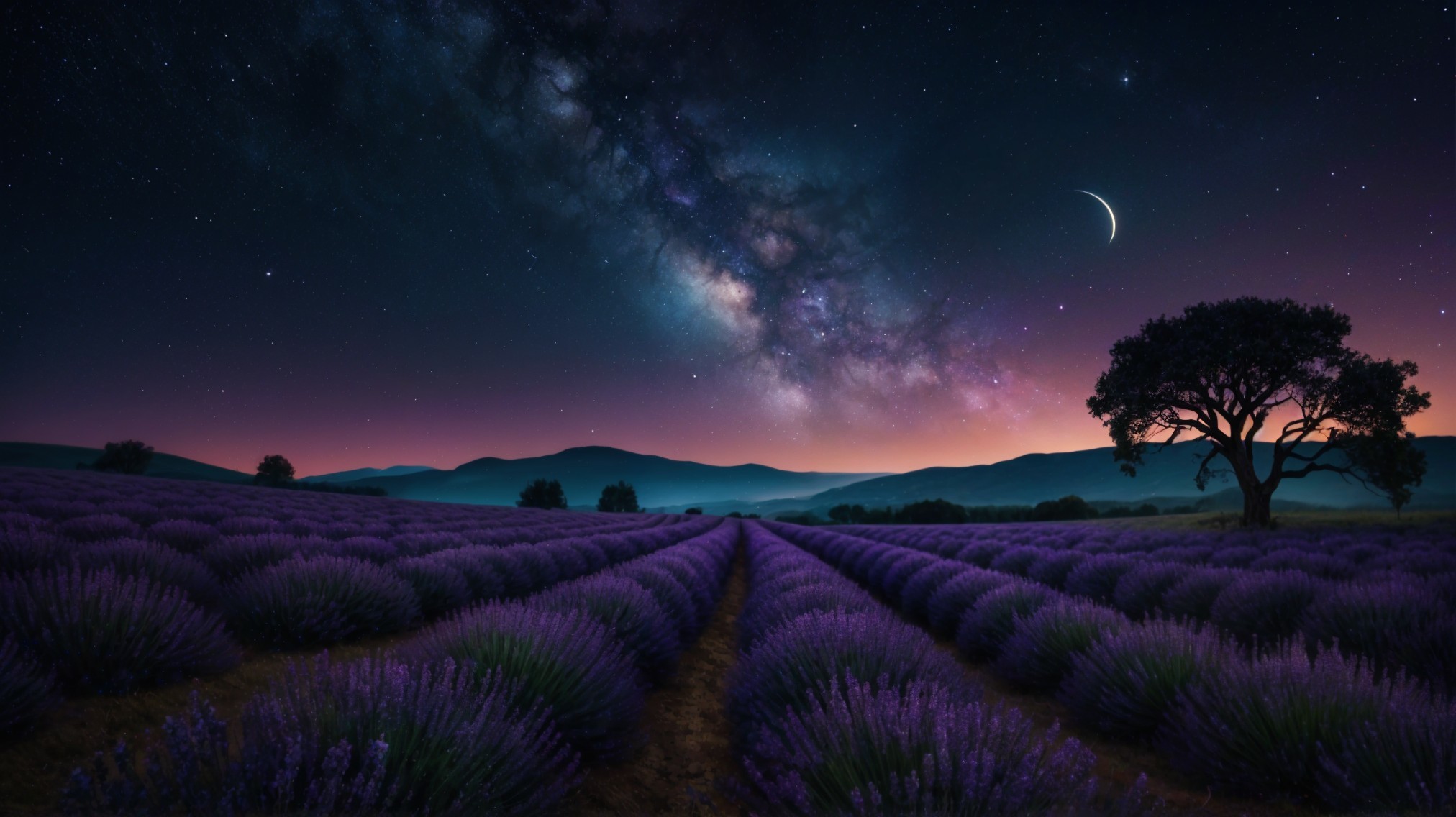Lavender Field Under Starry Night Sky with Mountains