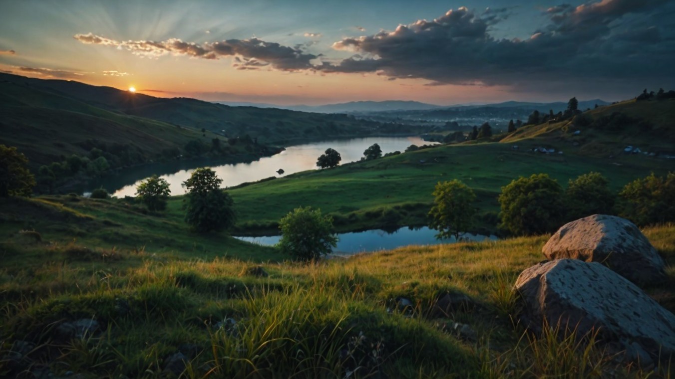 Serene Sunset Landscape with River and Lush Hills