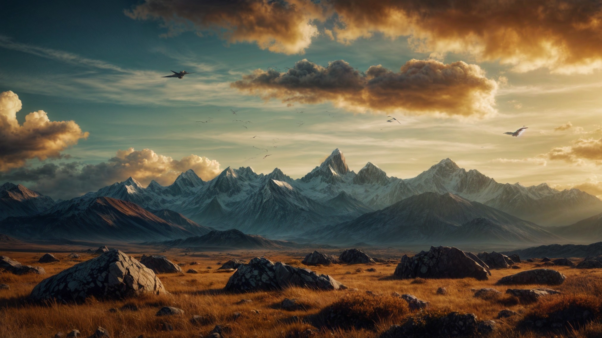 Snow-Capped Mountains and Vibrant Sky Landscape