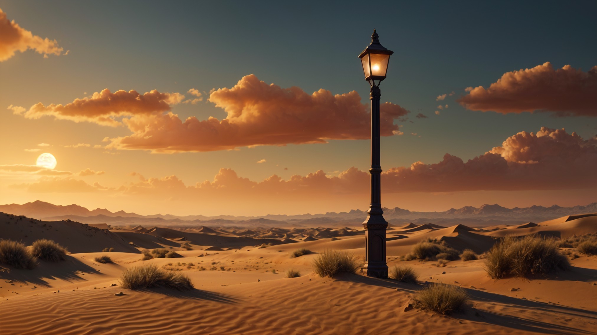 Vintage Lamppost in Desert at Sunset with Mountains
