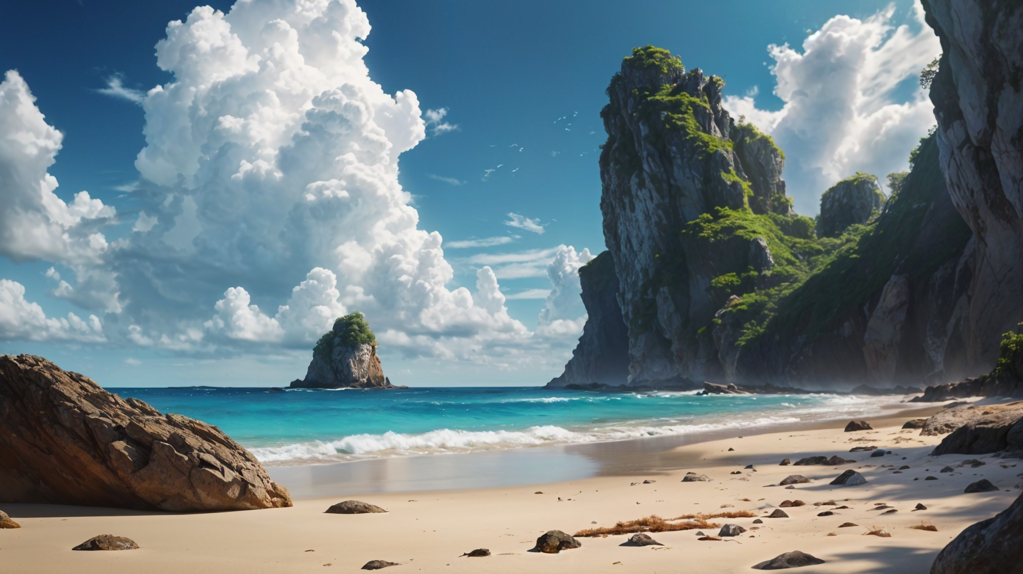 Serene Beach Scene with Cliffs and Turquoise Waters