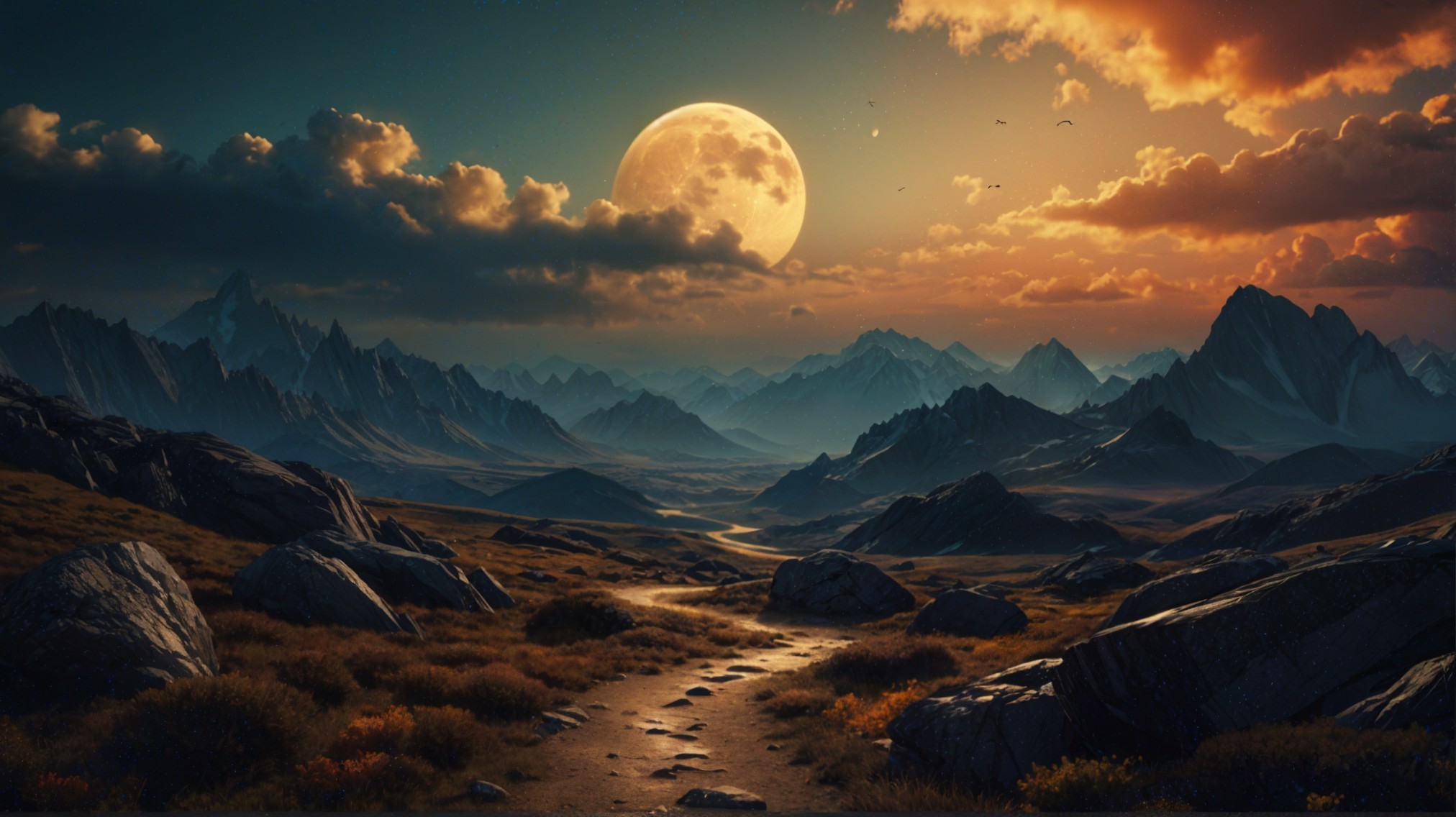 Majestic Mountains and Full Moon at Dusk Landscape