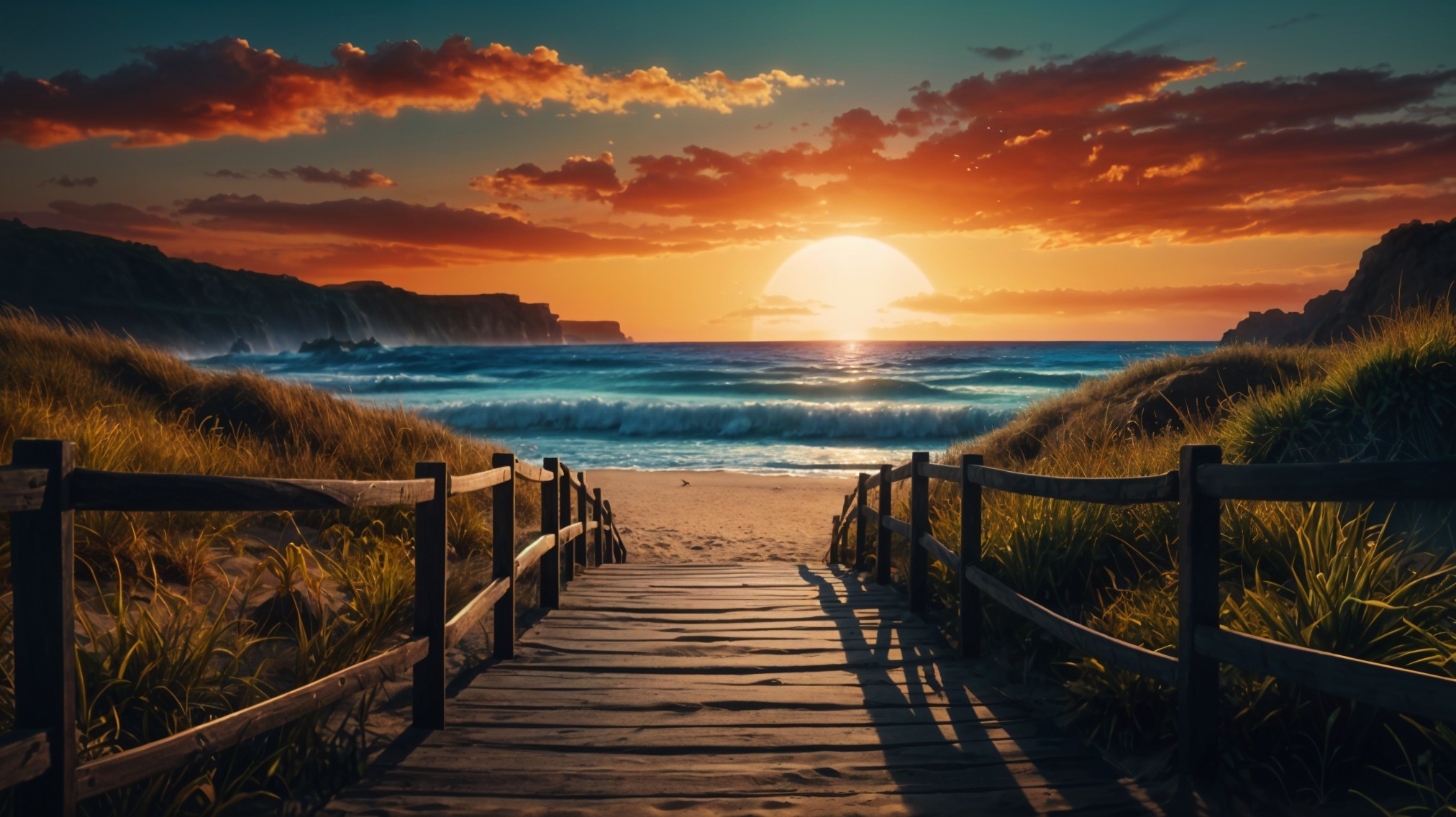 Serene beach scene with sunset and wooden walkway