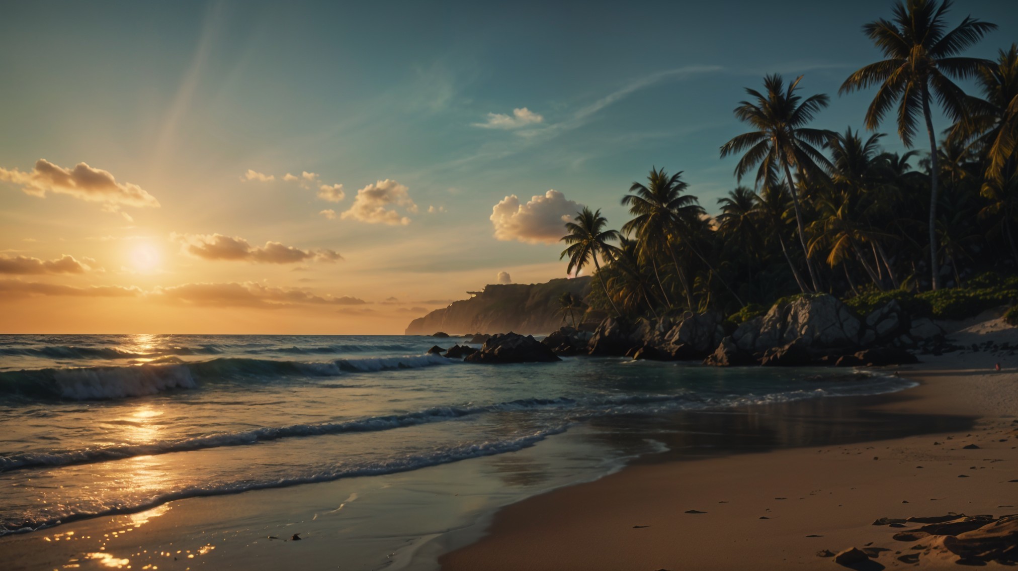 Serene Beach Sunset with Palm Trees and Ocean Waves