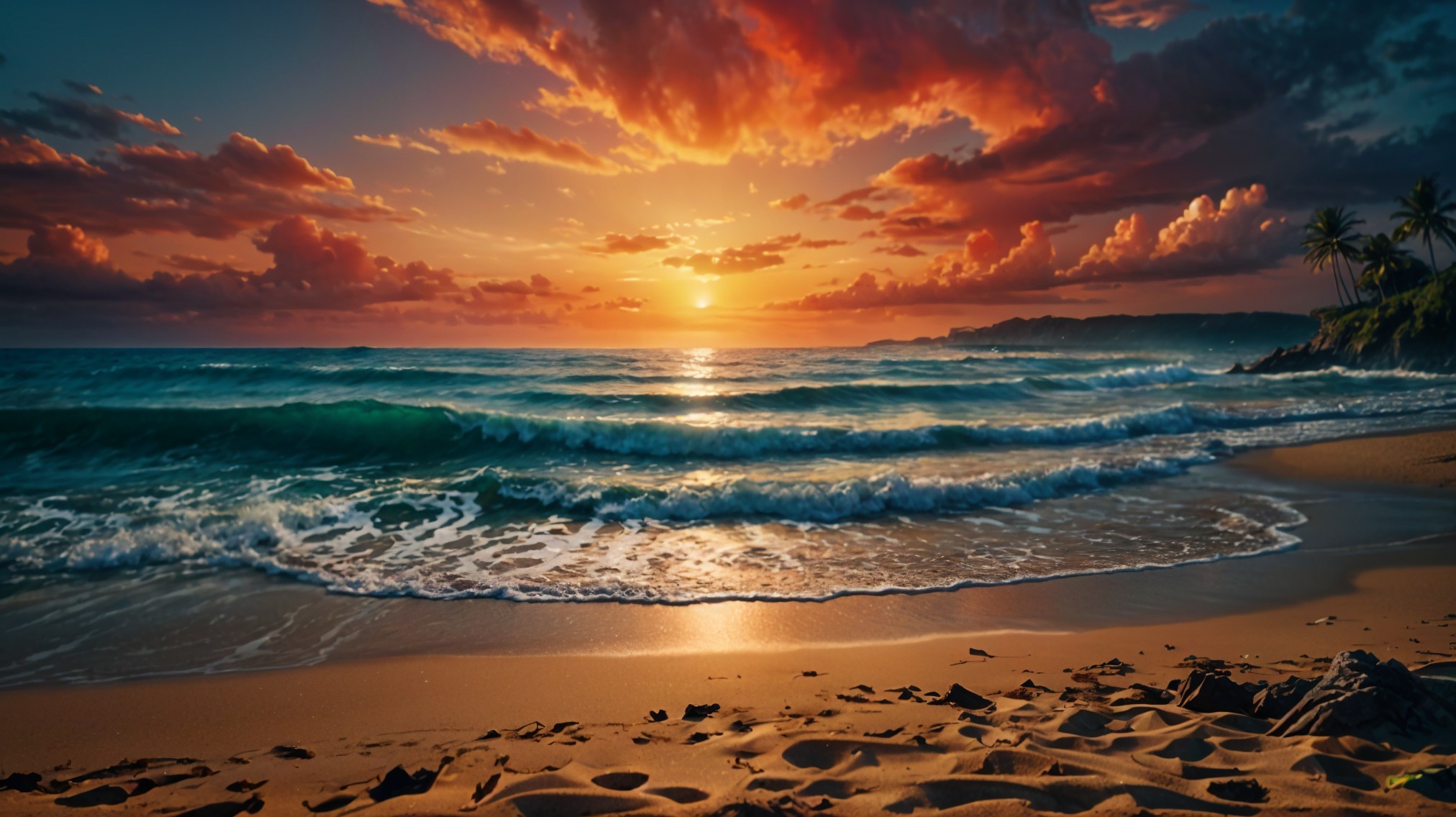 Serene beach sunset with vibrant clouds and gentle waves