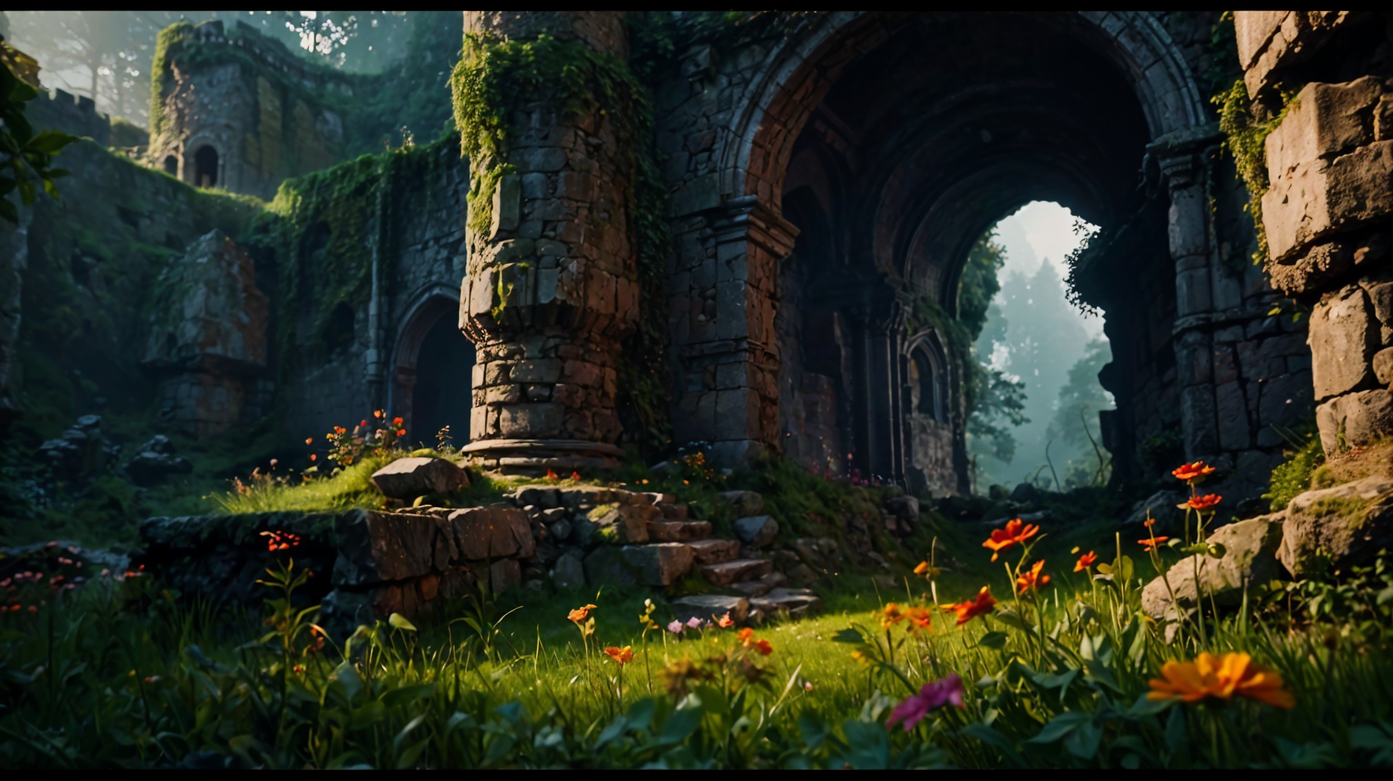 Ancient Stone Ruins in a Lush Overgrown Landscape