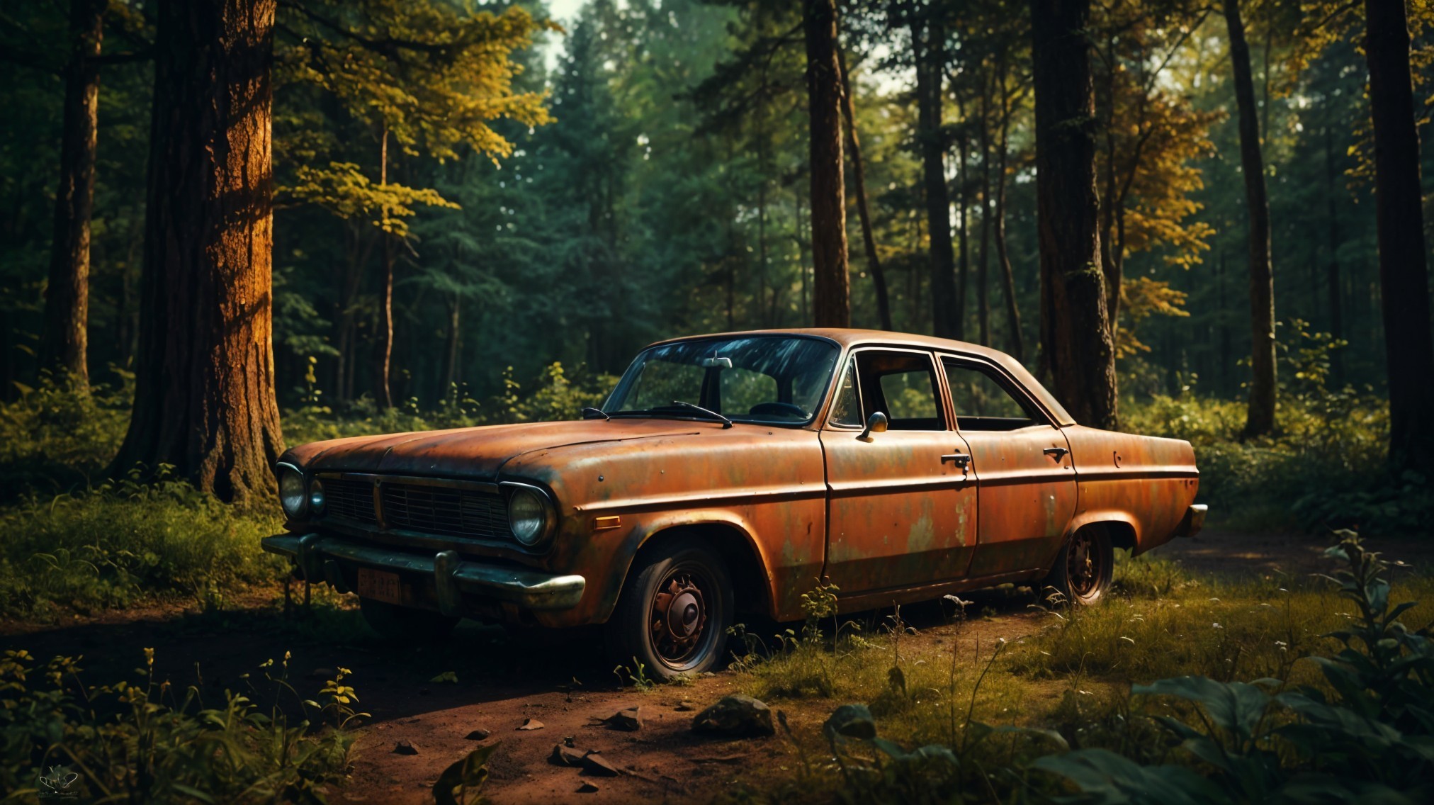 Old Rusted Car in Lush Forest Setting