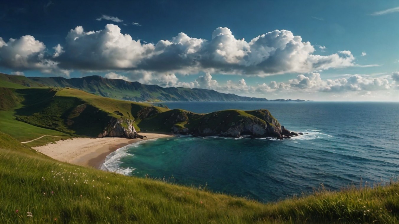 Coastal Scene with Green Hills and Turquoise Water