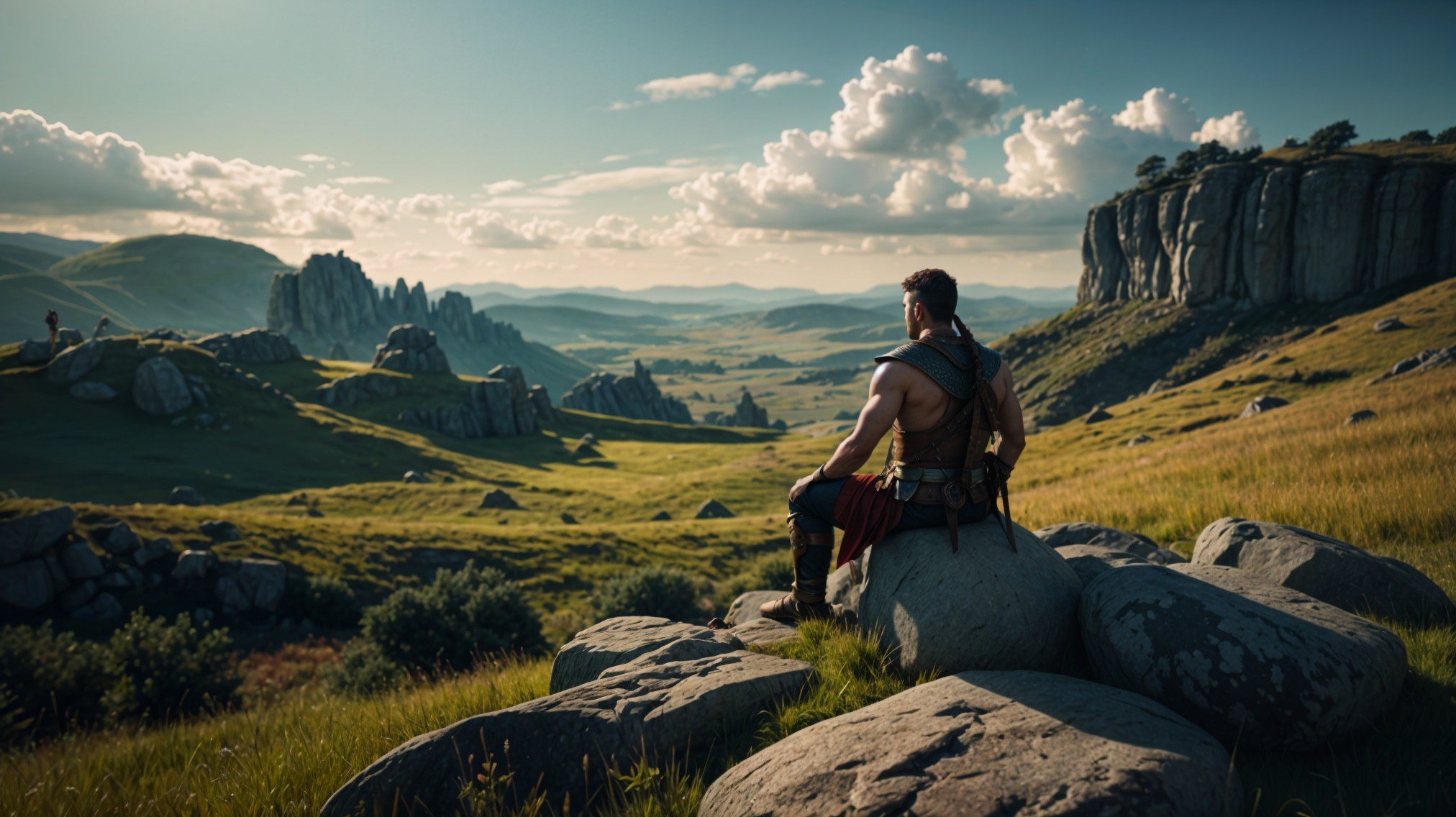 Lone warrior overlooking a serene landscape at sunset