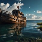 Weathered Wooden Boat on Calm Waters with Green Shore