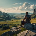 Lone warrior overlooking a serene landscape at sunset