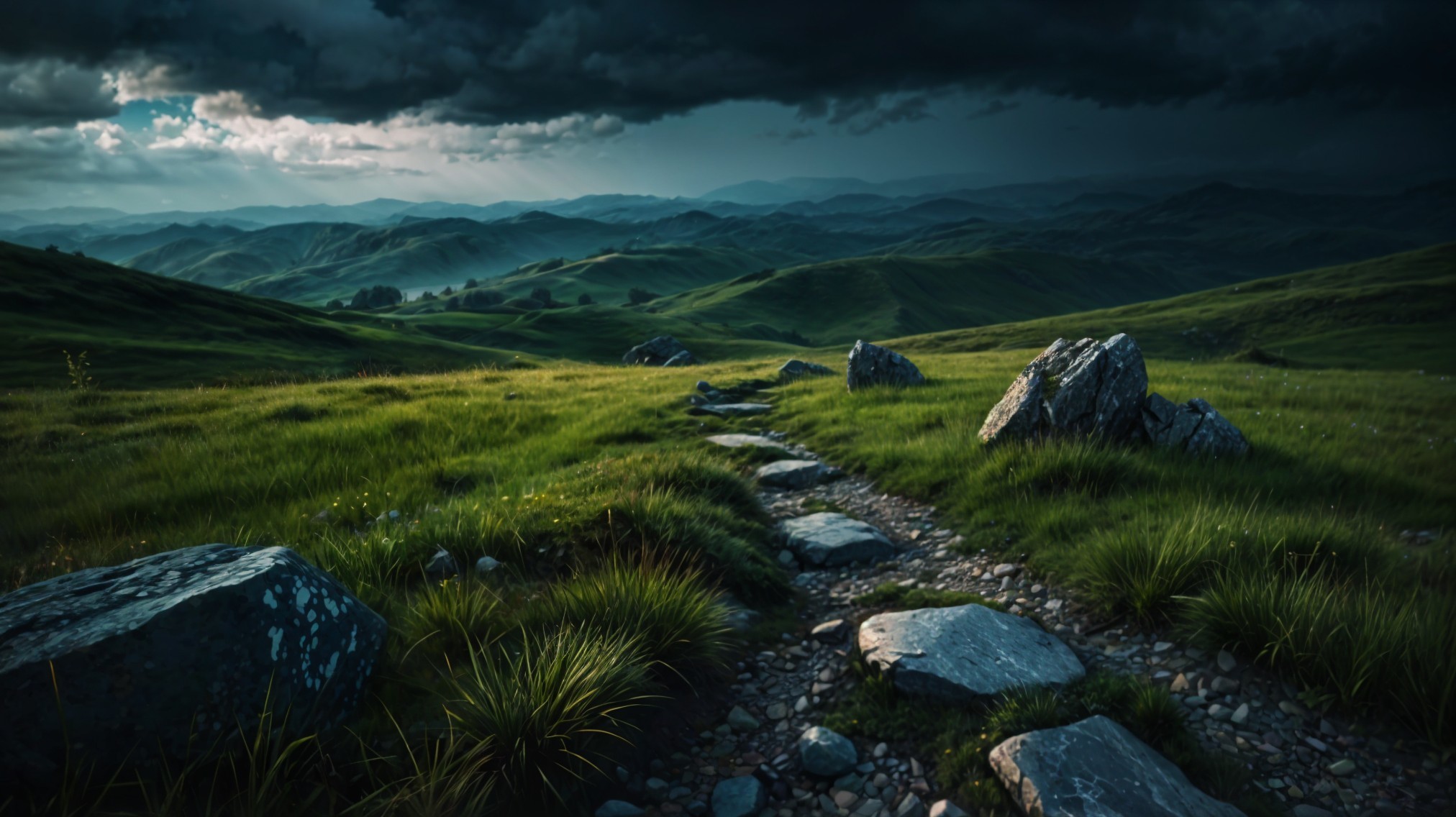 Winding Stone Path Through Lush Green Landscape