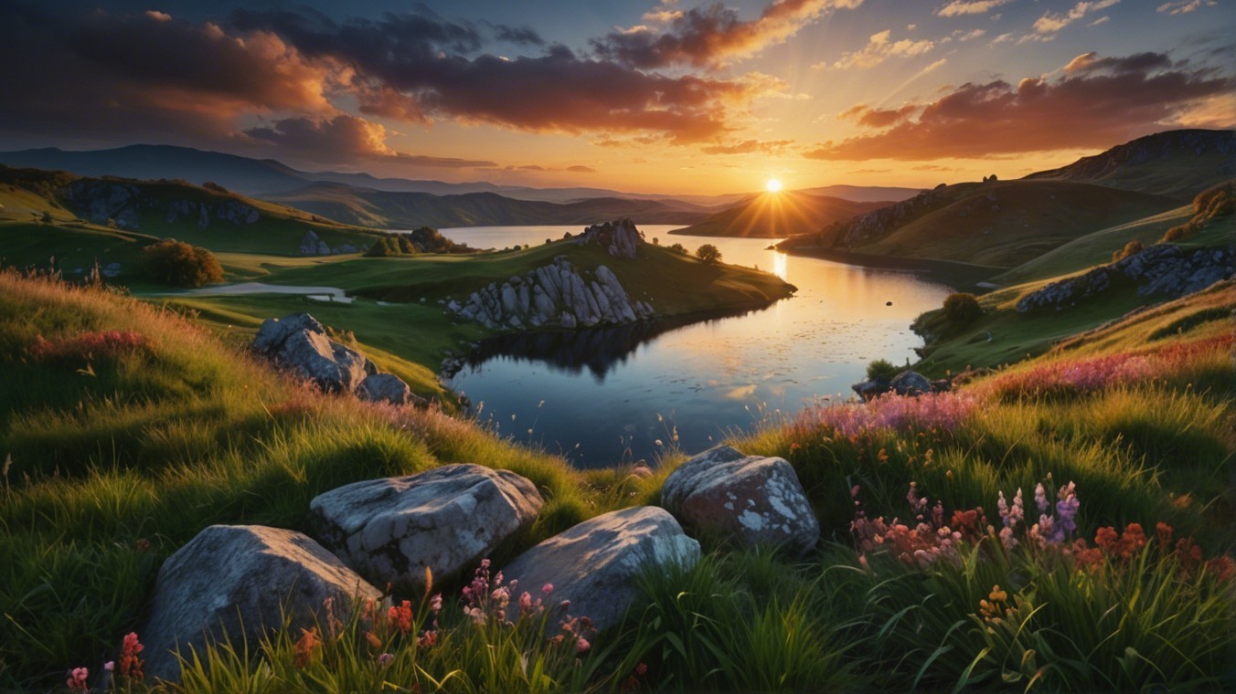 Serene Sunset Landscape with Lake and Wildflowers