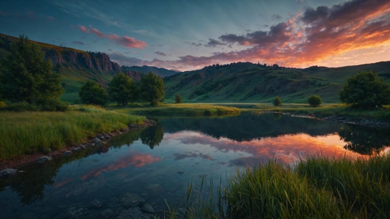 Serene Sunset Landscape with Calm Lake and Hills